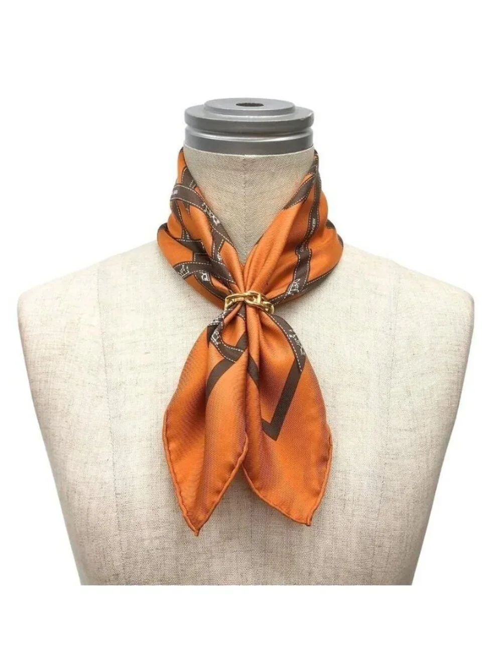 Hermes Carre 45 Scarf Bolduc Au Ribbon Pattern Orange Silk